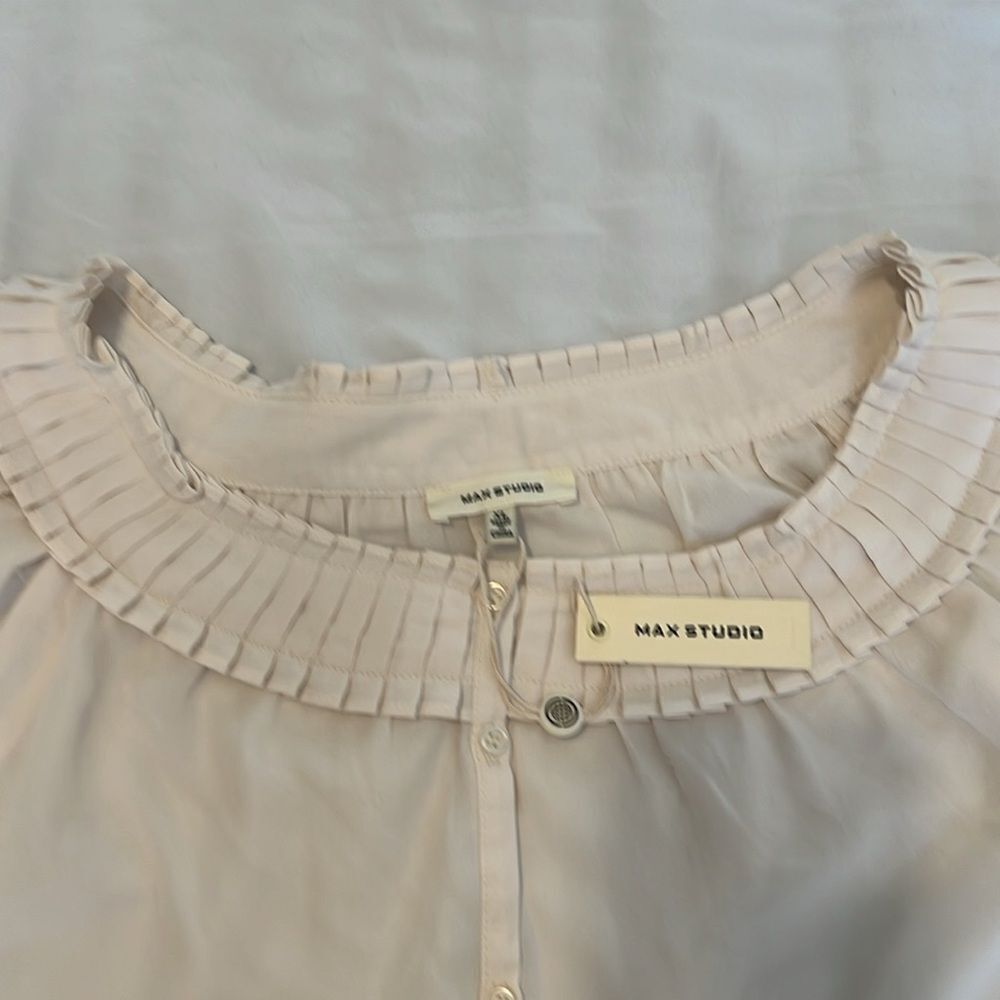 Max Studio Light Beige Blouse with Ruffled Neckline - Picture 9 of 14